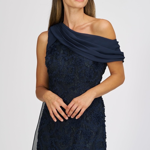 NEW JS COLLECTIONS Navy Lace ELODIE Floral ONE SHOULDER Chiffon DRAPED GOWN 10 - Picture 11 of 13